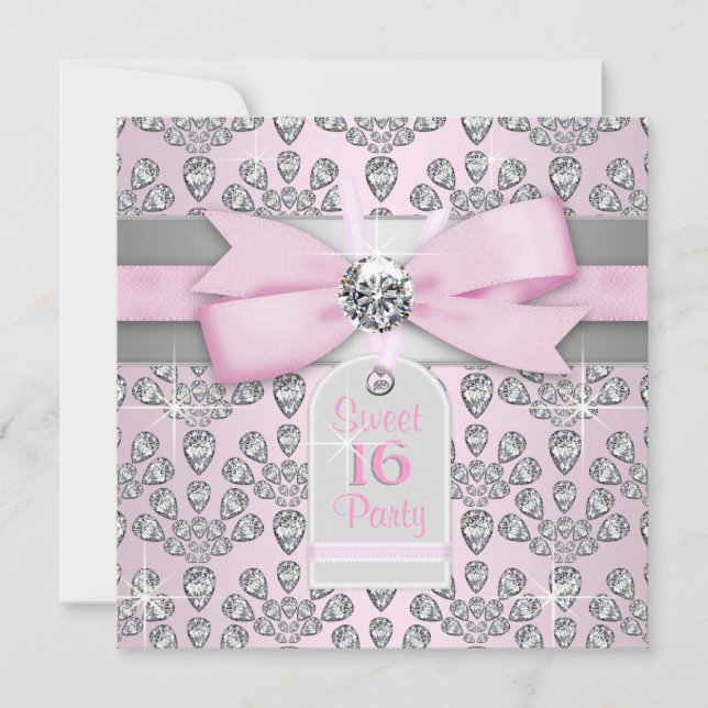 Invitación Dulce rosa y gris de diamante 16 cumpleaños (Anverso)