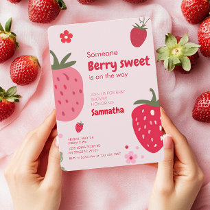 Invitación Dulce Rosa y Rojo de Fresa para la Fiesta de la Be