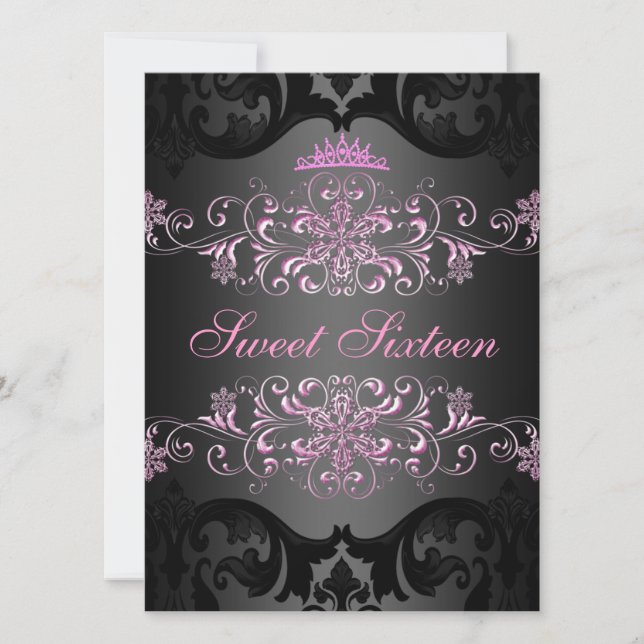 Invitación Dulce rosado16 Elegante Tiara Damask Invite de cum (Anverso)