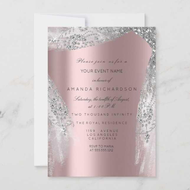 Invitación Dulce rosado 16.ª Rosa Gris plateado (Anverso)