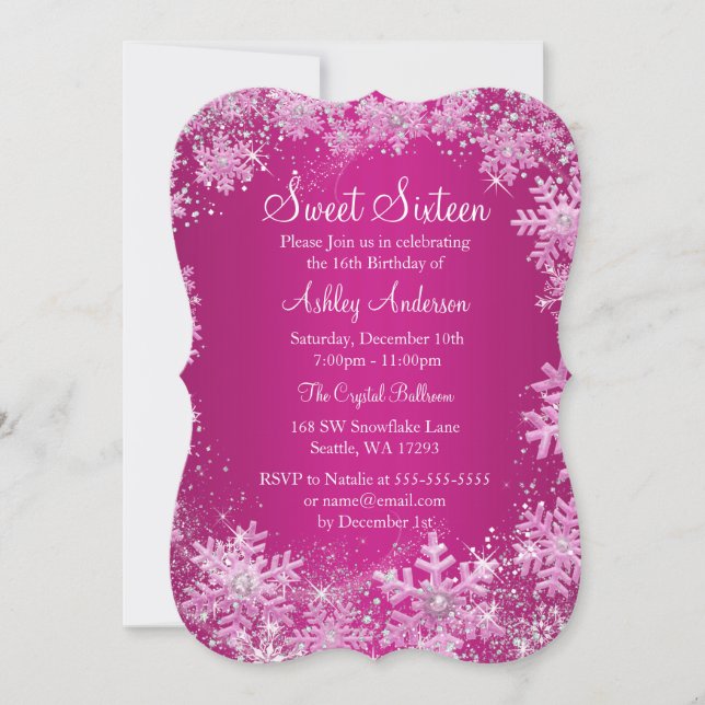 Invitación Dulce rosado 16 copos de nieve de la chispa del (Anverso)