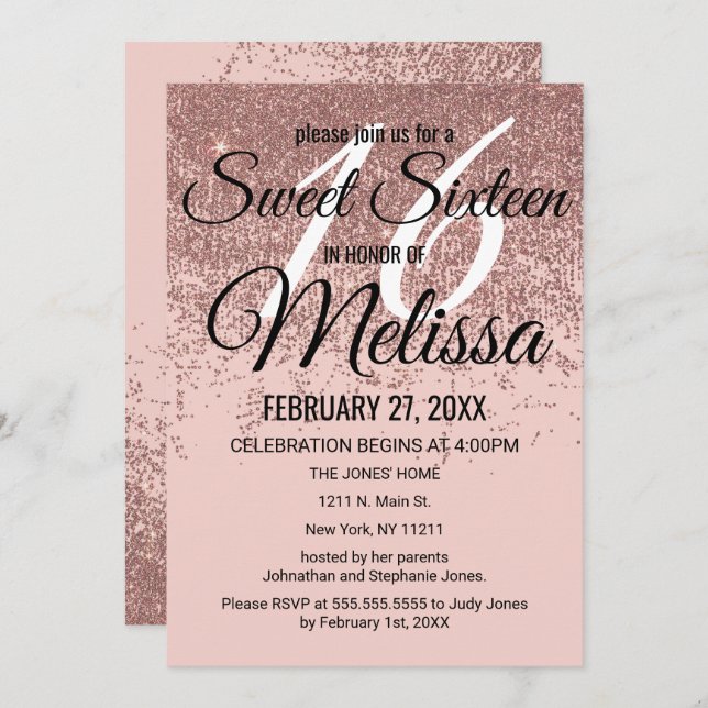 Invitación Dulce rosado 16 de Rubor del oro de las chispas (Anverso / Reverso)