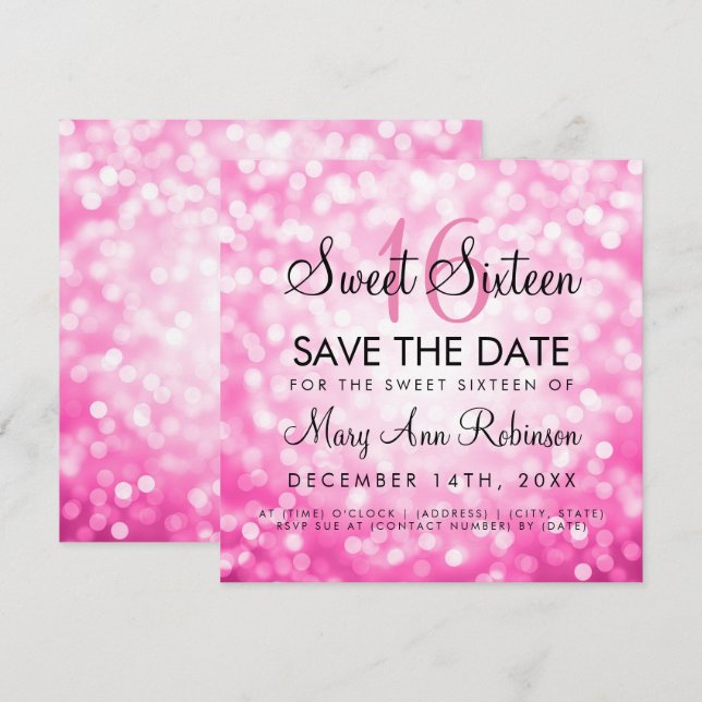Invitación Dulce rosado 16 Luces Purpurinas de cumpleaños (Anverso / Reverso)