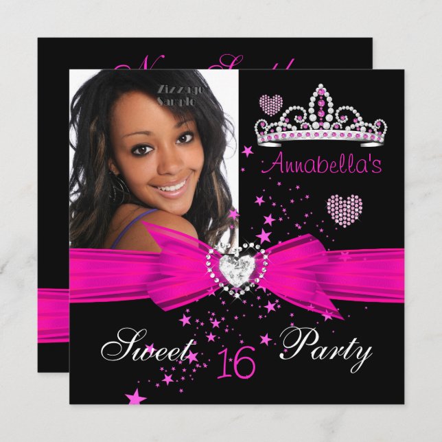 Invitación Dulce rosado caliente 16 cumpleaños Diamante Tiara (Anverso / Reverso)