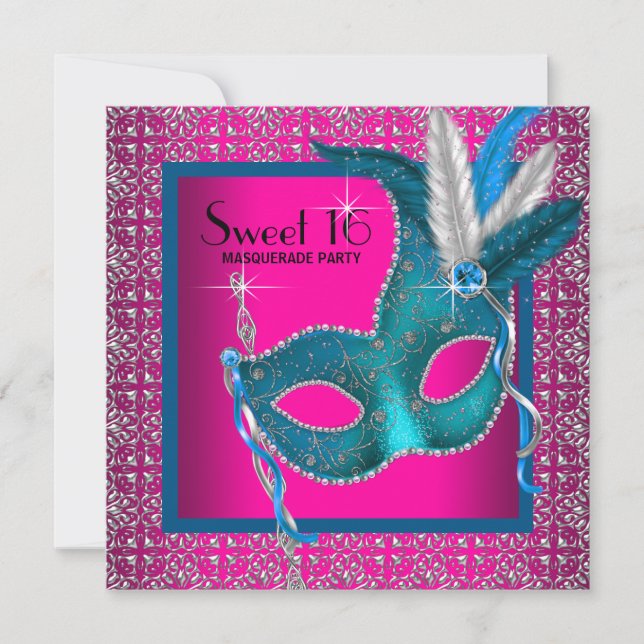 Invitación Dulce rosado caliente 16 Fiesta de Masquerade (Anverso)