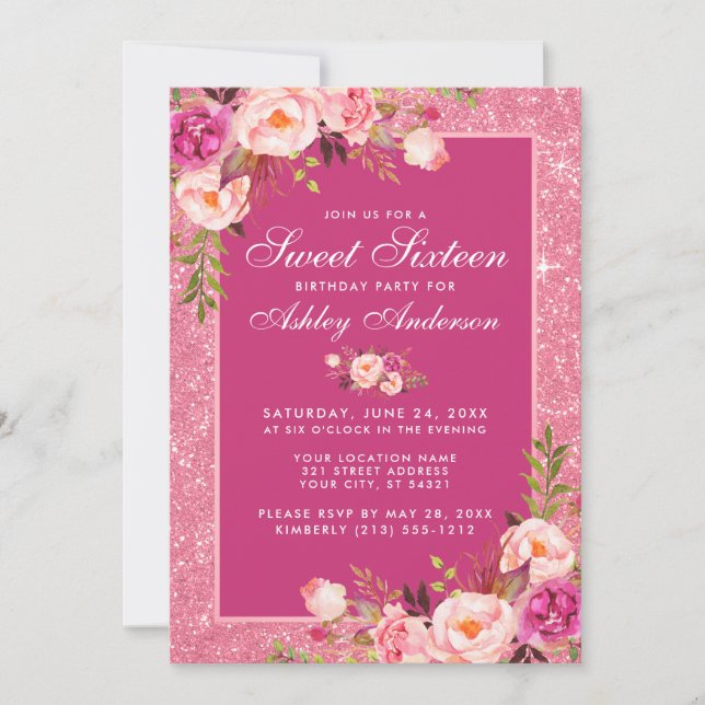 Invitación Dulce rosado caliente 16 Purpurina floral de cumpl (Anverso)