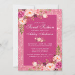 Invitación Dulce rosado caliente 16 Purpurina floral de cumpl<br><div class="desc">Watercolor Pink Rubor Floral y Purpurina Rosa Dulce Caliente Rosado Dieciséis cumpleaños Tarjeta de invitación</div>