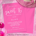 Invitación Dulce rosado caliente de escritura moderna Fiesta<br><div class="desc">Fiesta de cumpleaños 16 de estilo cálido con escritura moderna o impresa. Estilo tipográfico minimalista para el chica de la fiesta de 16 años, con un guión informal para Sweet 16 y el resto del texto que se puede personalizar fácilmente. El texto y los colores de fondo se pueden cambiar...</div>
