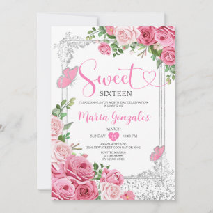 Invitación Dulce rosado Dieciséis Plata Fiesta de Cumpleaños 