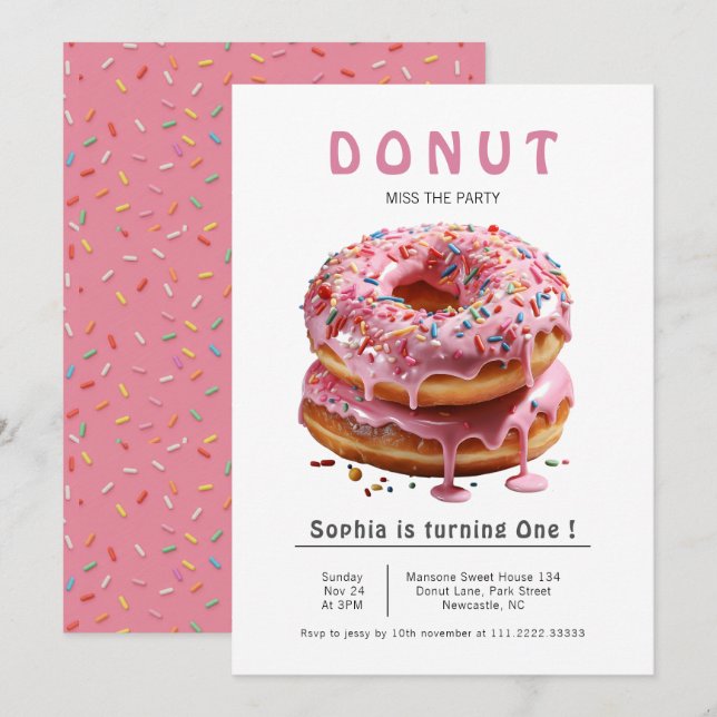 Invitación Dulce rosado Donut 1er cumpleaños (Anverso / Reverso)