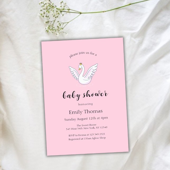 Invitación Dulce rosado moderno Princesa Swan Baby Shower (Pink Sweet Modern Princess Swan Baby Shower Invitation)