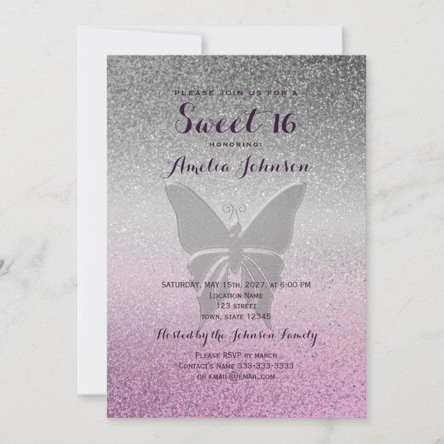 Invitación Dulce rosado purpurina 16 Cumpleaños (Anverso)