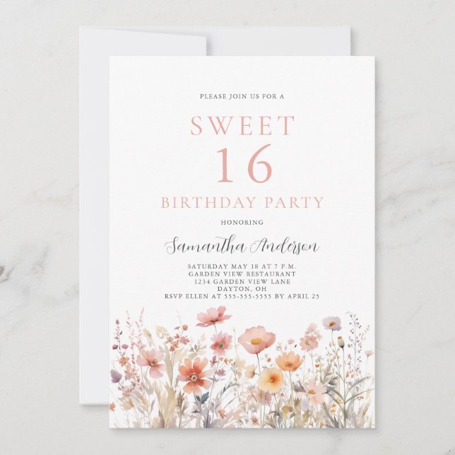 Invitación Dulce rosado Rubor 16 Cumpleaños Floral (Anverso)