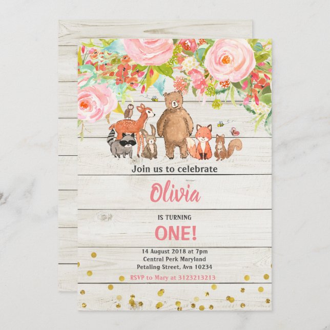 Invitación Dulce rosado Rústico Ganadero de Woodland Primer C (Anverso / Reverso)