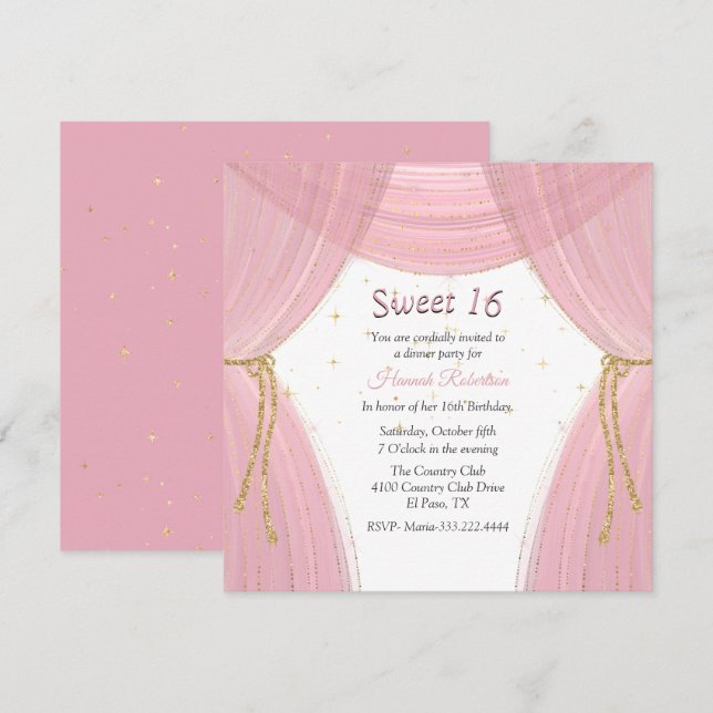 Invitación Dulce rosado y dorado 16 (Anverso / Reverso)
