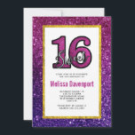 Invitación Dulce rosado y morado 16 Gemas Purpurinas espumoso<br><div class="desc">Una elegante y elegante invitación dulce de 16 fiestas. Diseñado con un fondo compuesto de brillantes piedras preciosas rosas y púrpura. En la parte superior hay un rectángulo con un borde de Relieve metalizado falso dorado. Dentro del marco están los detalles personalizados de su fiesta así como una imagen que...</div>