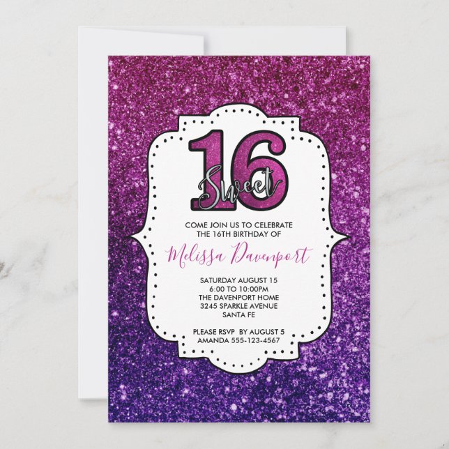 Invitación Dulce rosado y morado 16 Gemas Purpurinas espumoso (Anverso)