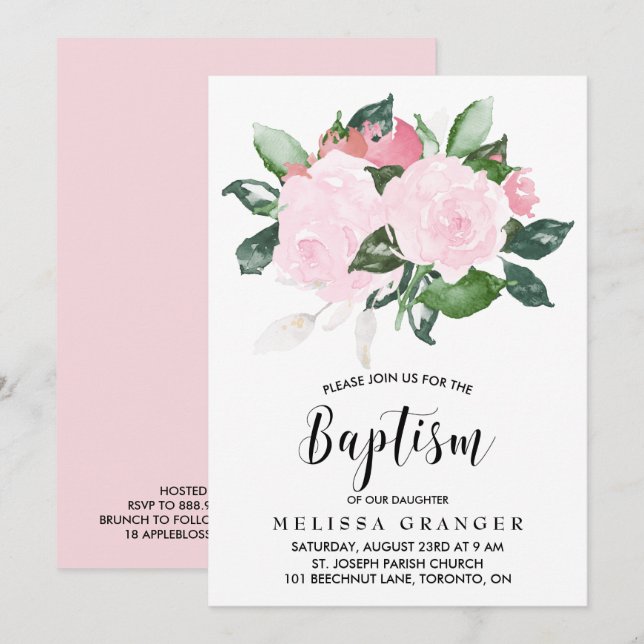 Invitación Dulce Rosas de acuarela rosa bautizo (Anverso / Reverso)