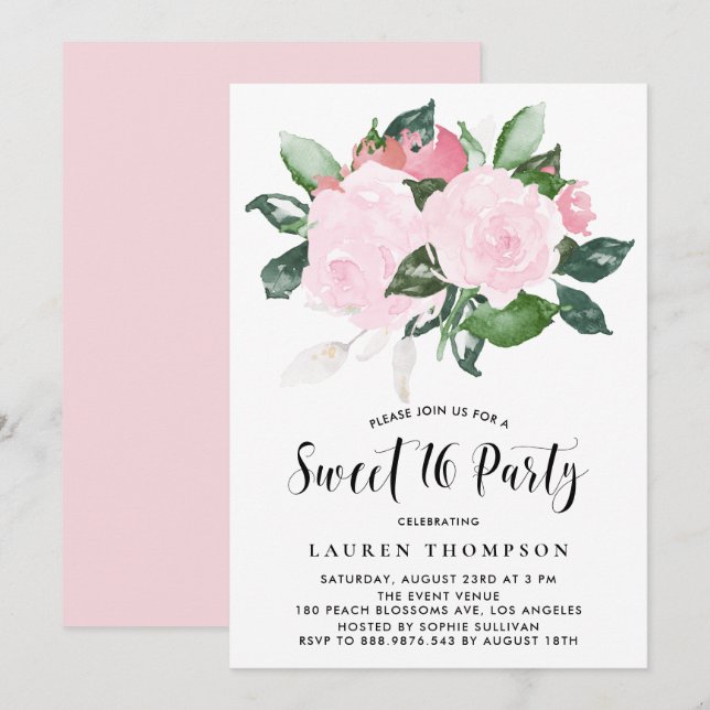 Invitación Dulce Rosas de acuarela rosa dulce Dieciséis Fiest (Anverso / Reverso)