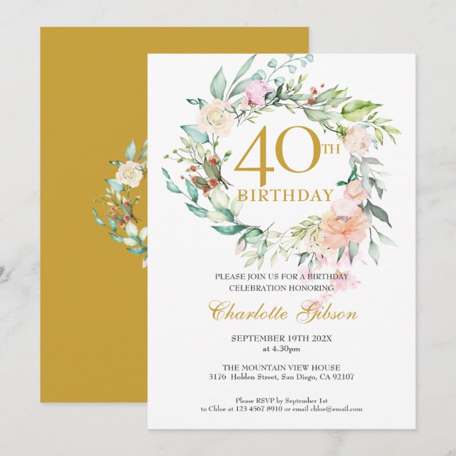 Invitación Dulce Rosas de verano Garland Monograma 40 cumplea (Anverso / Reverso)