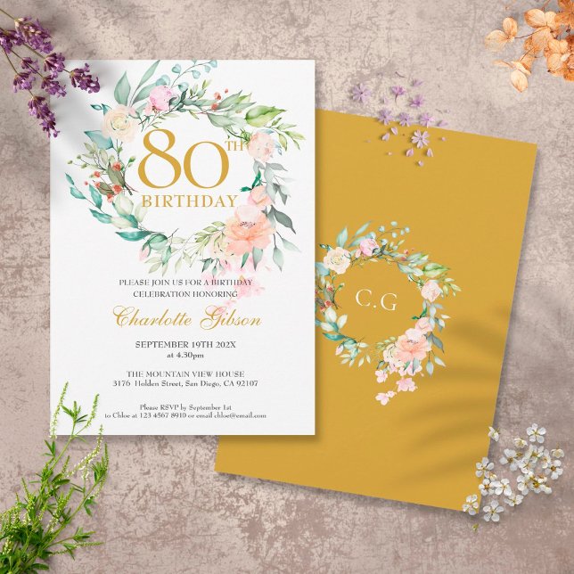 Invitación Dulce Rosas de verano Garland Monograma 80 cumplea (Subido por el creador)