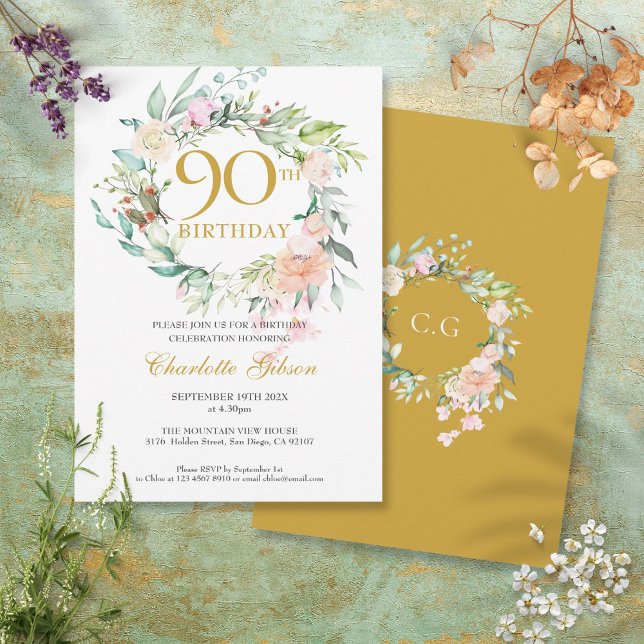Invitación Dulce Rosas de verano Garland Monograma 90 cumplea (Sweet Summer Roses Garland Monogram 90th Birthday Invitation)