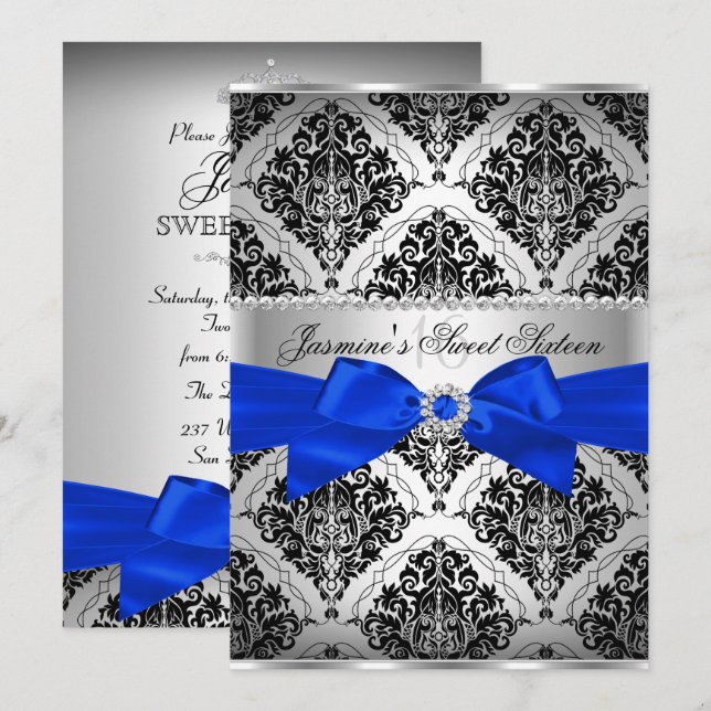 Invitación Dulce Royal Blue & Black Damask Sweet 16 Invitació (Anverso / Reverso)