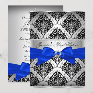Invitación Dulce Royal Blue & Black Damask Sweet 16 Invitació