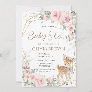 Invitación Dulce Rubor de Ciervo Rosa Floral Niña Baby Shower