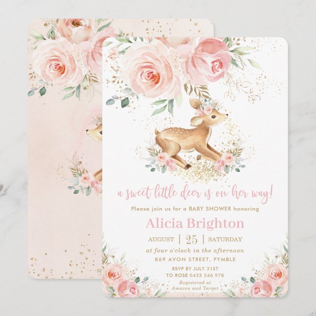 Invitación Dulce Rubor Floral Baby Deer Fawn Chica Baby Showe (Anverso / Reverso)