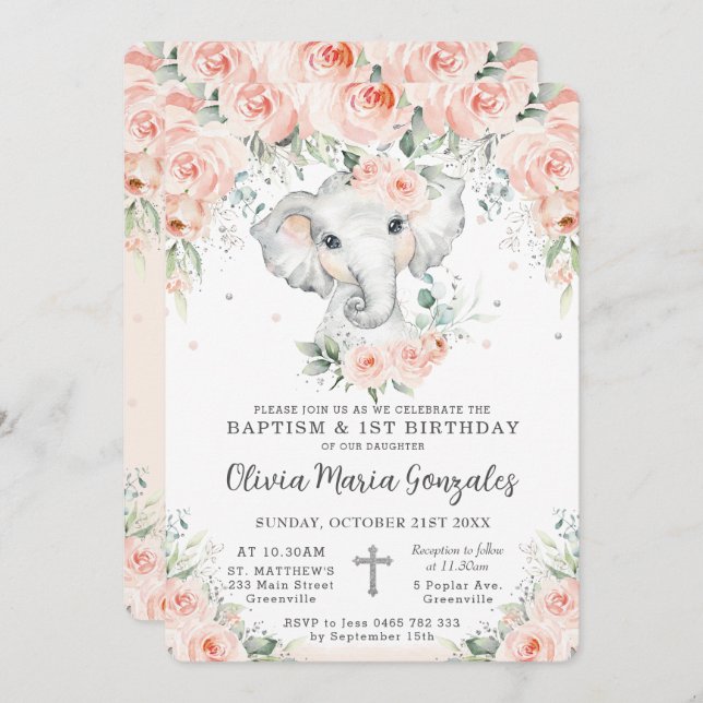 Invitación Dulce Rubor Floral Elephant Baptism 1º cumpleaños (Anverso / Reverso)