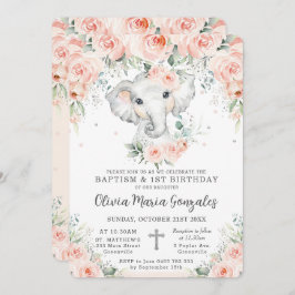 Invitación Dulce Rubor Floral Elephant Baptism 1º cumpleaños