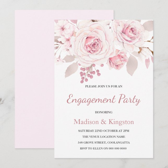 Invitación Dulce Rubor Pink Flowers Engagement Party (Anverso / Reverso)