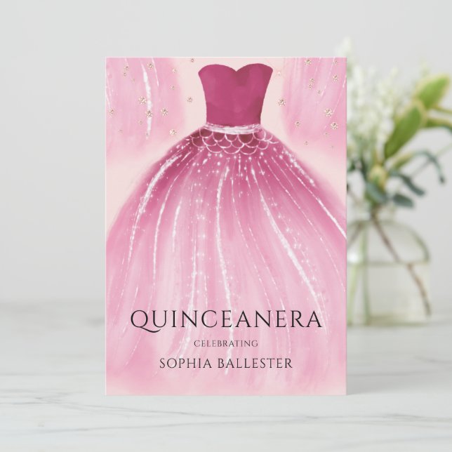 Invitación Dulce Rubor Ropa de sirena rosa Quinceanera Fiesta (Anverso de pie)