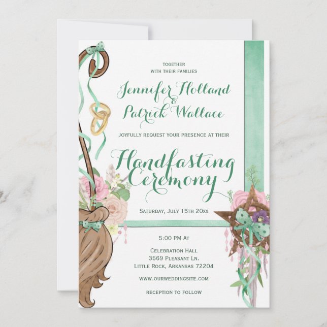Invitación Dulce Sage Green & Pink Floral Broom Handfasting (Anverso)