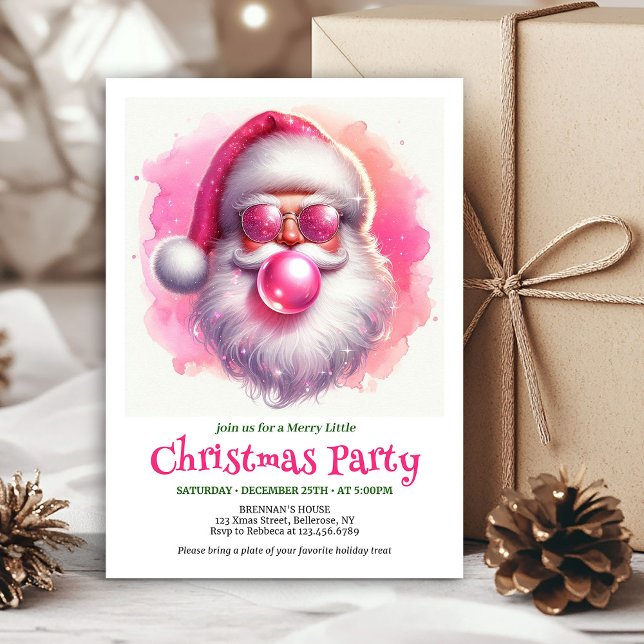 Invitación Dulce Santa rosa chicle acuarela Navidad (Sweet pink santa chewing gum watercolor Xmas invite)