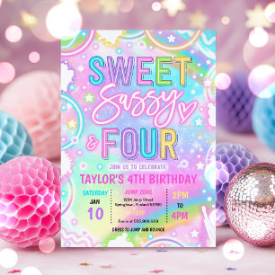 Invitación Dulce Sassy Y Cuatro Arcoíris De Neón Cumpleaños 4