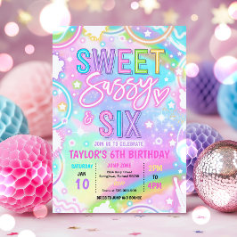 Invitación Dulce Sassy Y Seis Cumpleaños 6 Neon Arcoíris