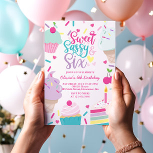 Invitación Dulce Sassy y Seis Cumpleaños de Helado y Tarta