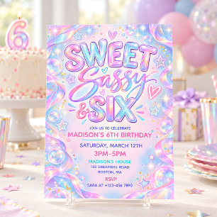 Invitación Dulce Sassy y Seis Cumpleaños Holográfico 6