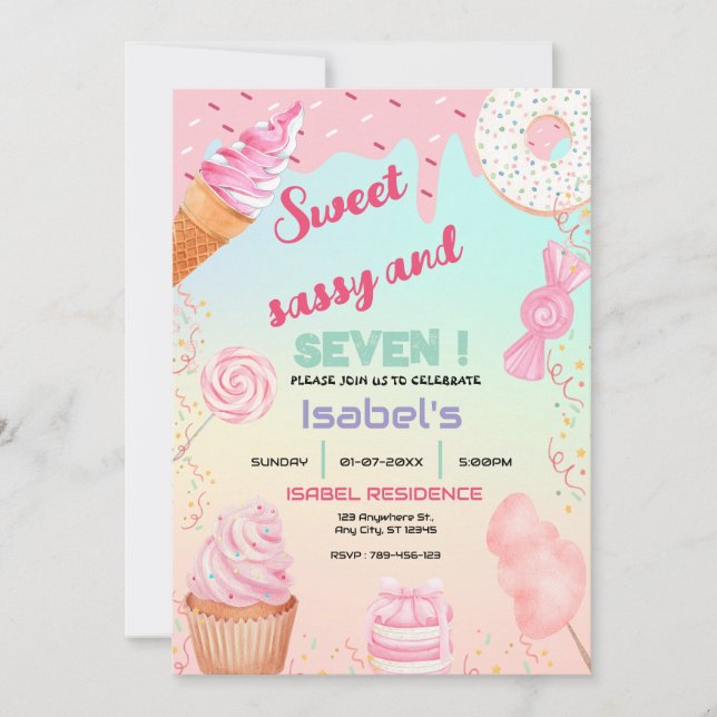 Invitación Dulce Sassy y Siete Candy cumpleaños (Anverso)
