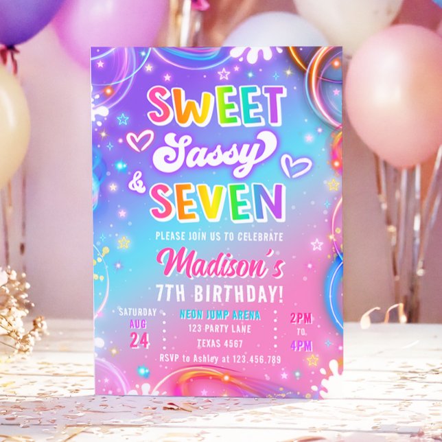 Invitación Dulce Sassy y Siete Chica Neon Cumpleaños 7 (Subido por el creador)