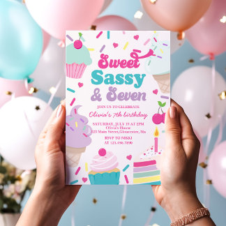 Invitación Dulce Sassy y siete helado y pastel de cumpleaños