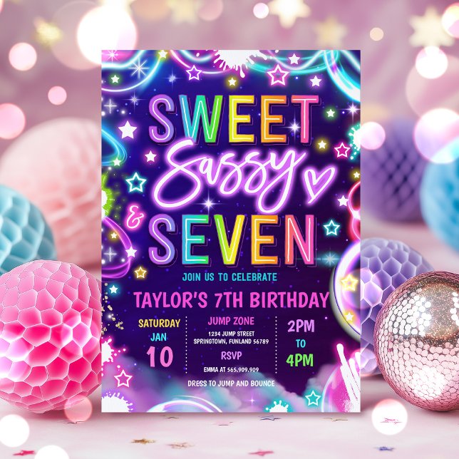 Invitación Dulce Sassy Y Siete Neon Glow Séptima Fiesta De Cu (Subido por el creador)