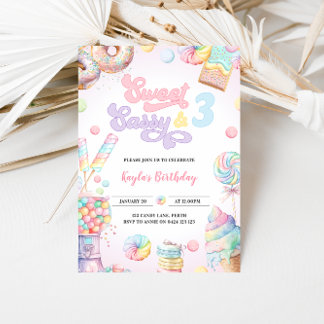 Invitación Dulce Sassy y TRES Pastel Candy Tercer Cumpleaños