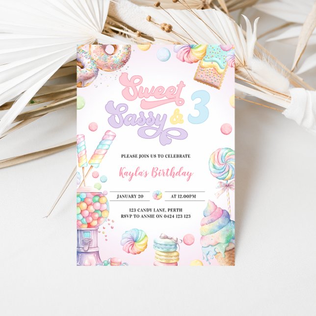 Invitación Dulce Sassy y TRES Pastel Candy Tercer Cumpleaños (Subido por el creador)