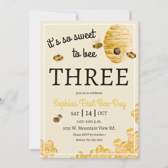 Invitación Dulce ser Abeja Tres Panal Abejas Cumpleaños 3  (Anverso)