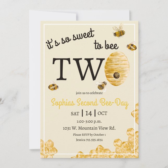 Invitación Dulce ser dos panal de abejas segundo cumpleaños (Anverso)