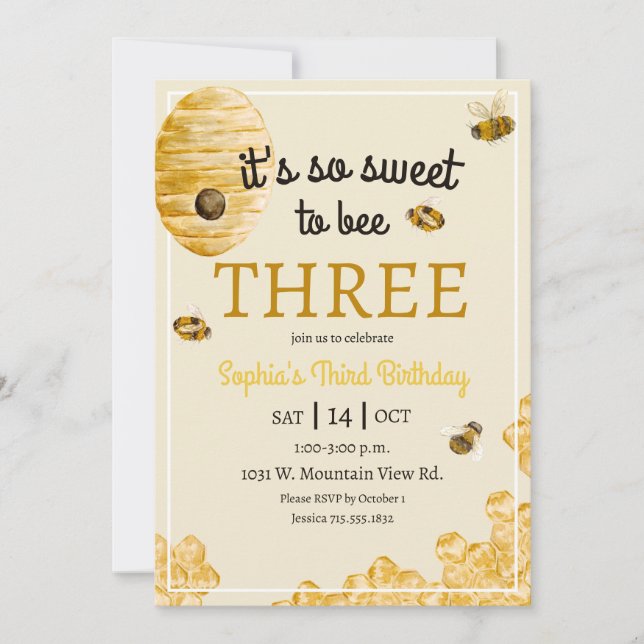 Invitación Dulce ser tres Panal Abejas Tercer Cumpleaños (Anverso)
