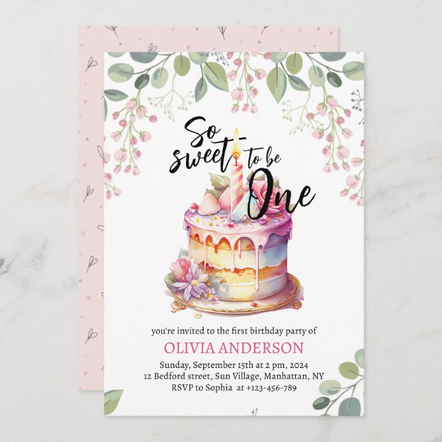 Invitación Dulce Ser Un Pastel De Agua Primer Cumpleaños (Anverso / Reverso)